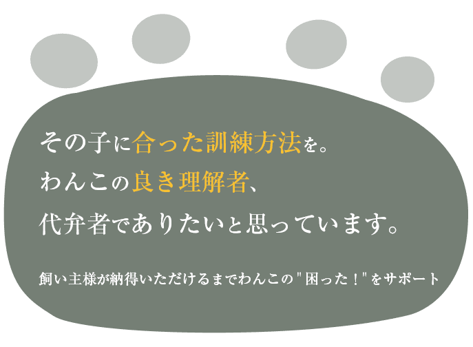 その子に合った訓練方法をわんこの良き理解者、代弁者でありたいと思っています。飼い主様が納得いただけるまでわんこの困った！をサポート